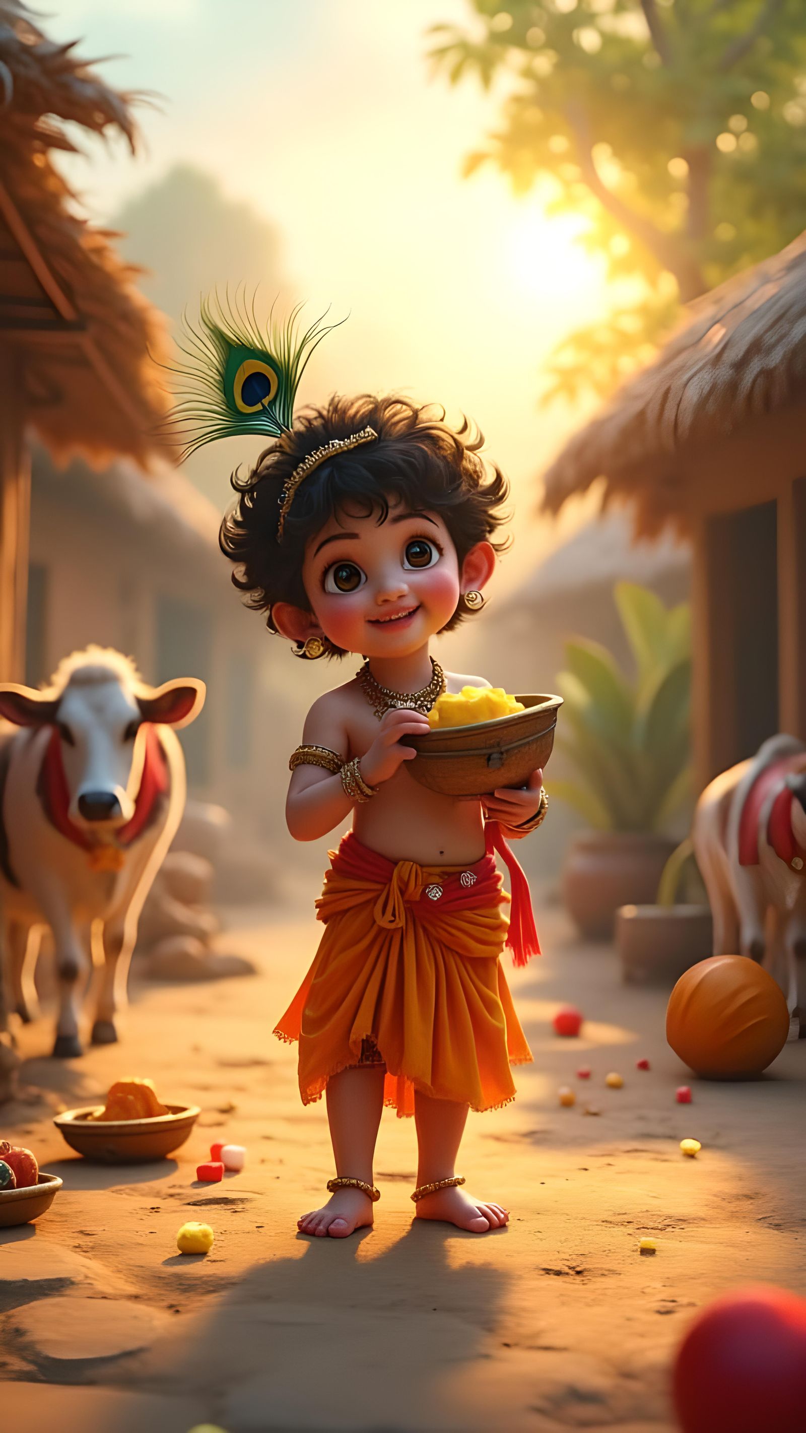 Mischievous Child Krishna with Butter, Hyperrealistic Art