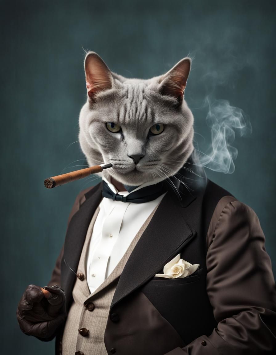 Victorian Cat-Headed Man Smoking Cigar Photography