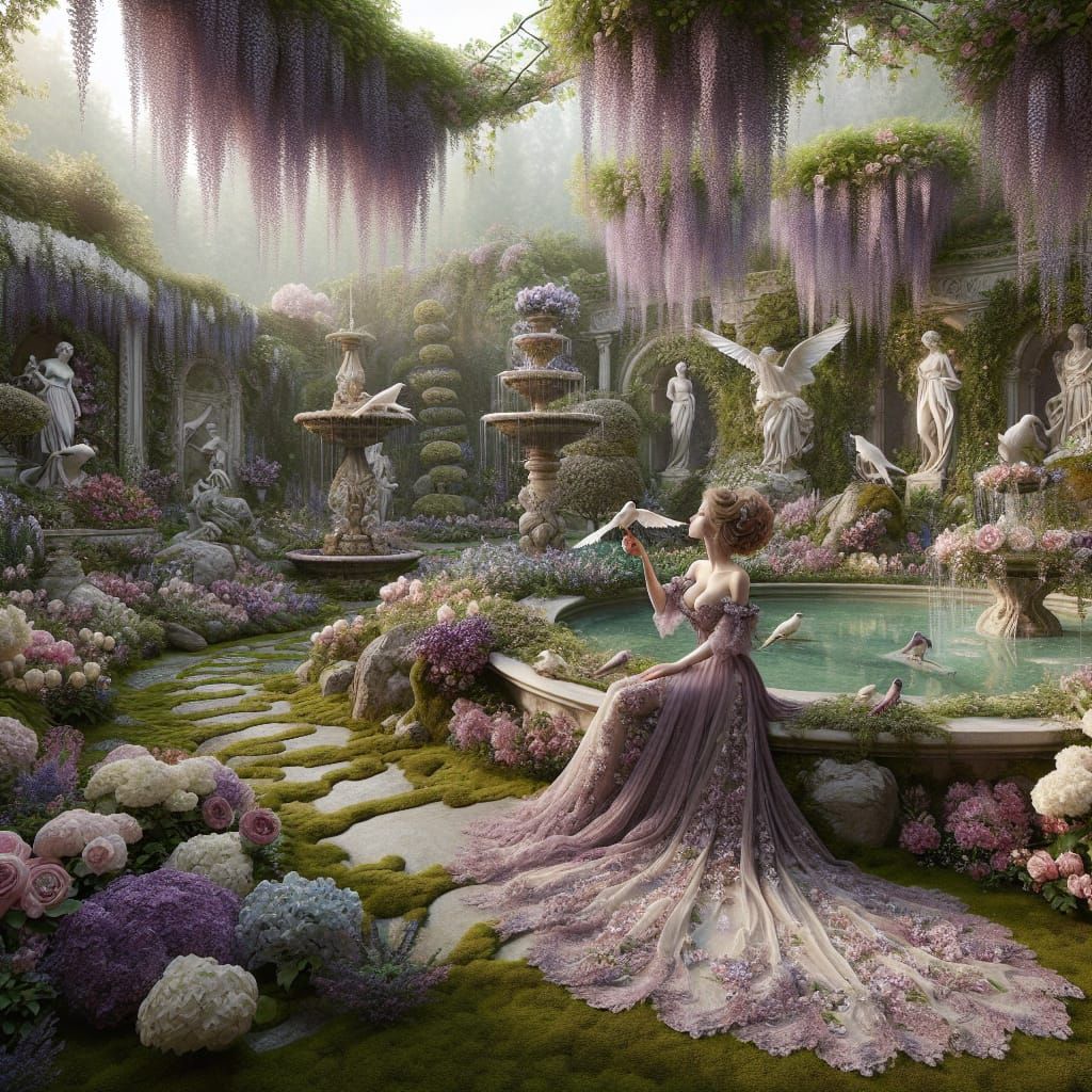 Opulent Fantasy Garden with Woman and Bird