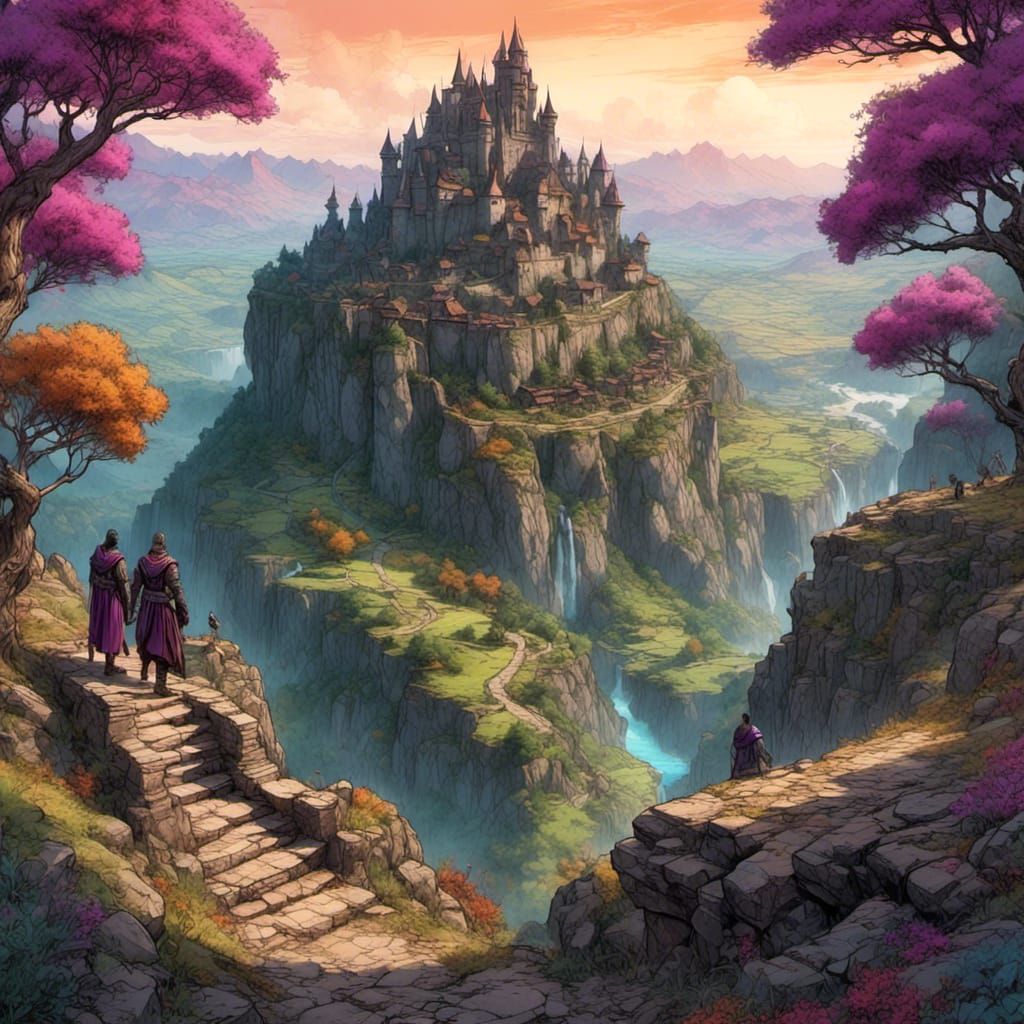 Fantasy Heroes Overlook Valley Castle in Oil Painting