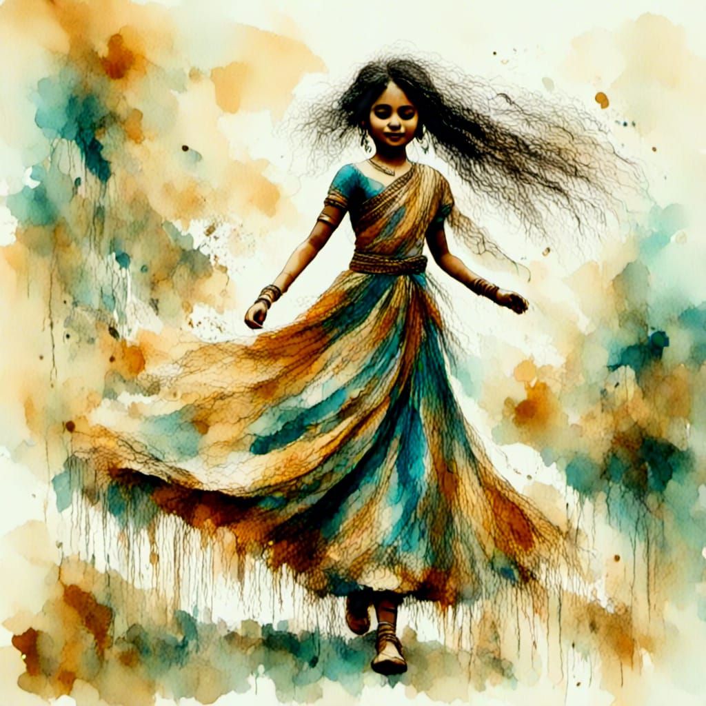 Indian Girl Tripping Over Sari in Watercolour