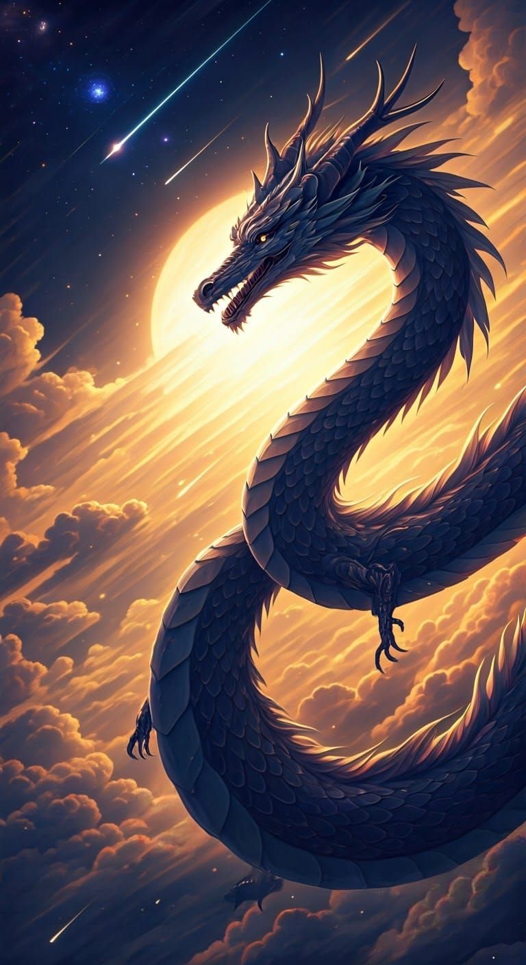 Iridescent Dragon Winds Through Golden Celestial Sky