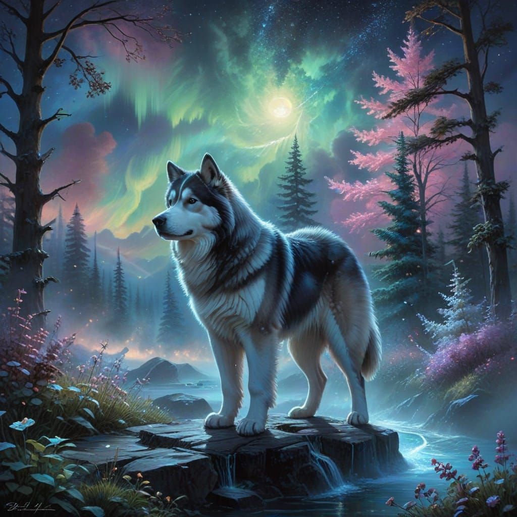 Majestic Alaskan Malamute in Enchanted Starry Night Scene