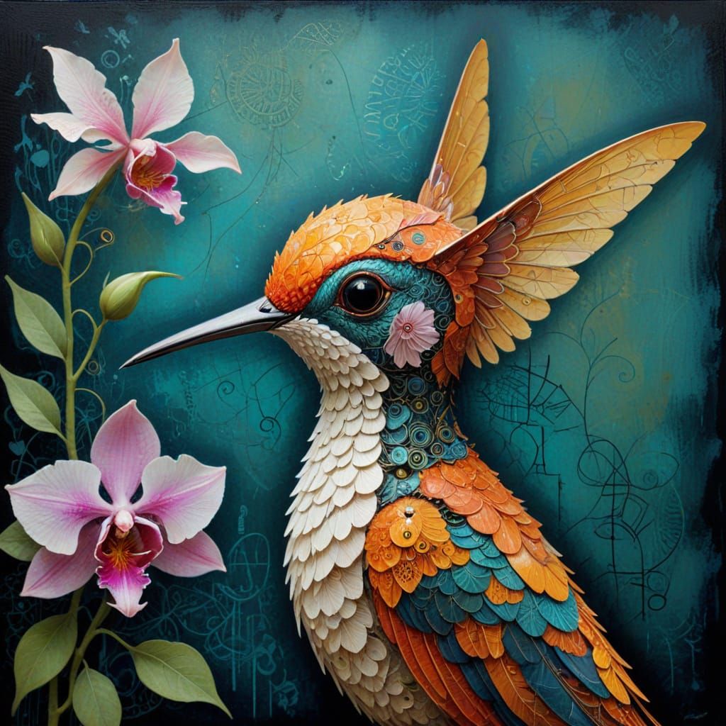 Crystallized Hummingbird and Orchid in Art Brut Style