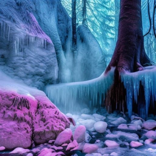 Frozen Waterfall in Winter Forest: Fantasy Concept Art