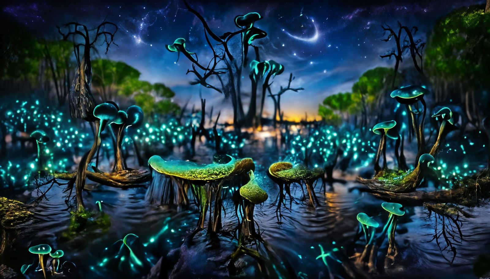 Bioluminescent Swamp Under Cosmic Sky: Photorealistic Master...