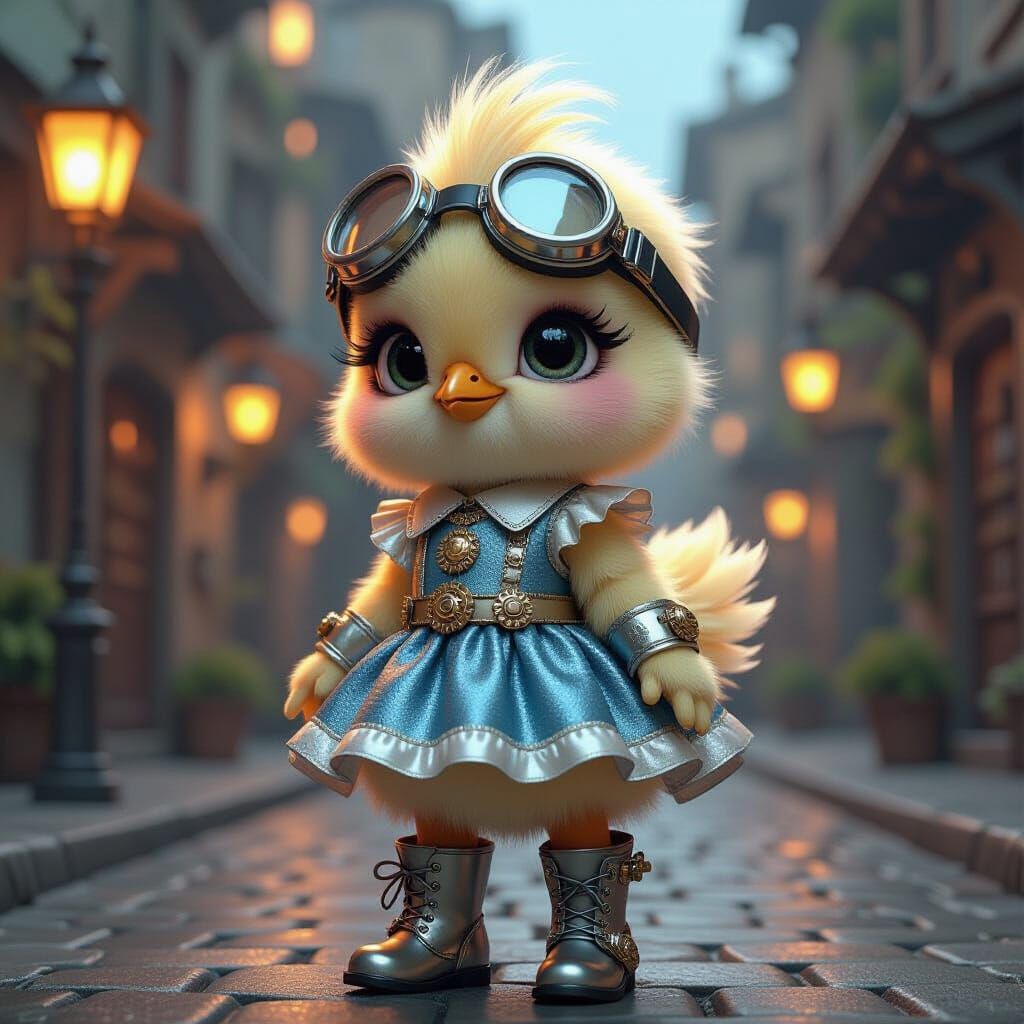 Cute Chick Hybrid in Whimsical Steampunk City
