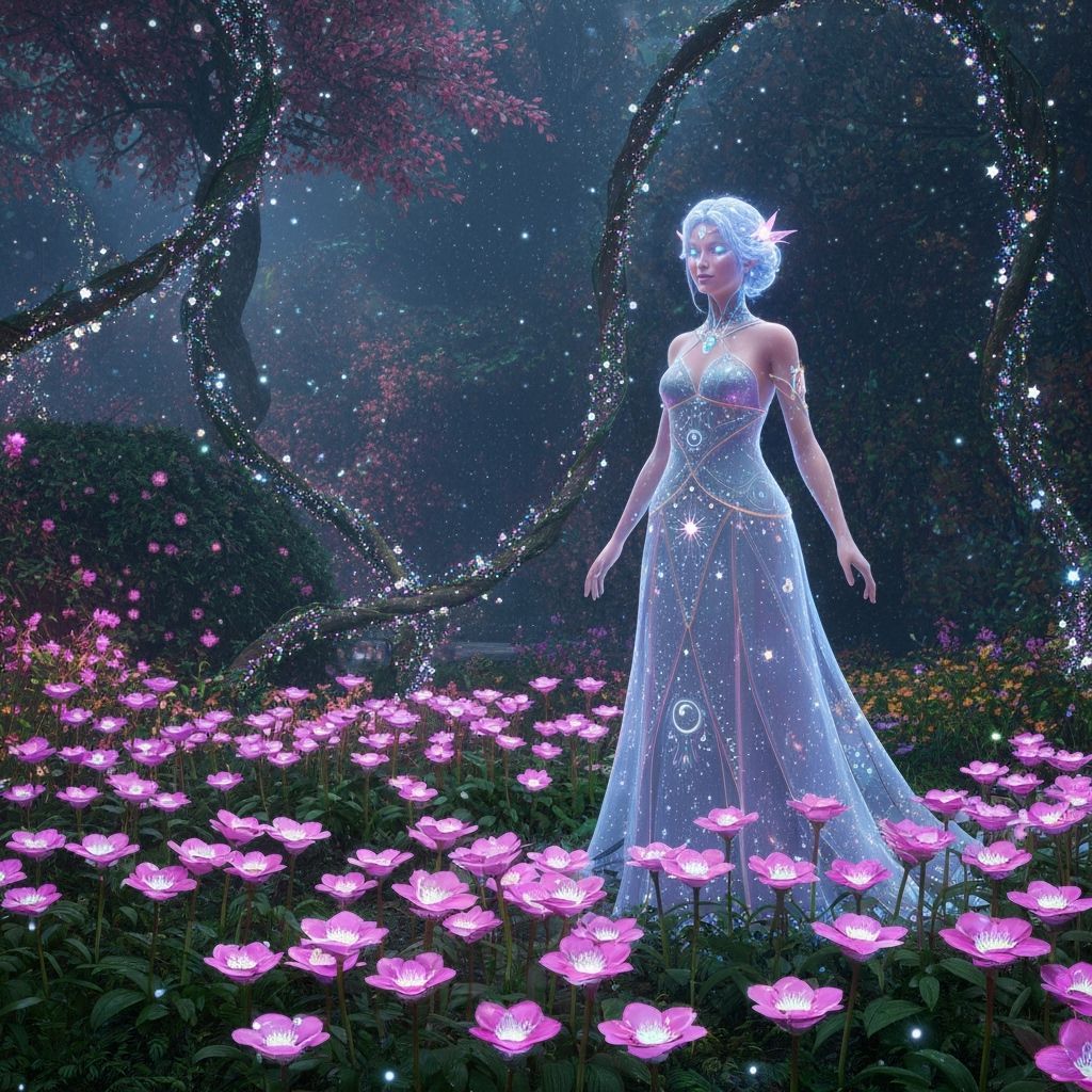 Celestial Goddess in Bioluminescent Art Nouveau Garden