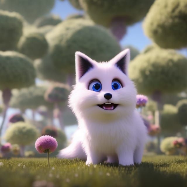 Adorable Fluffy Pink Monster in Flower Field as 3D Art