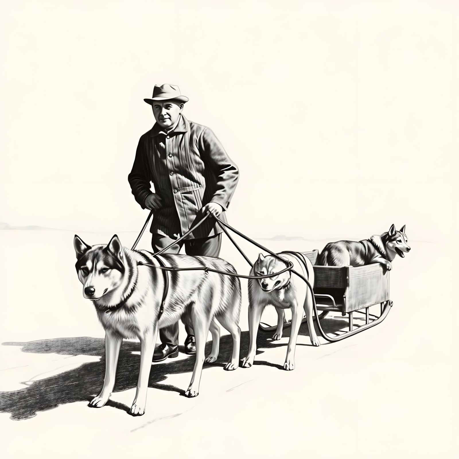 Man and Dogs Pulling Sled: Charcoal Pencil Art