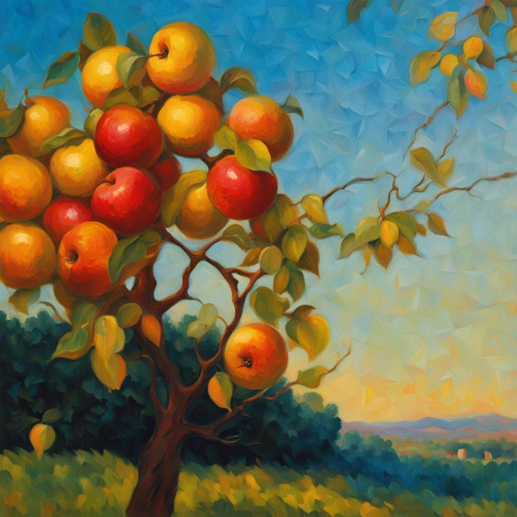 Impasto Oil Painting of an Apple Tree in Golden Hour