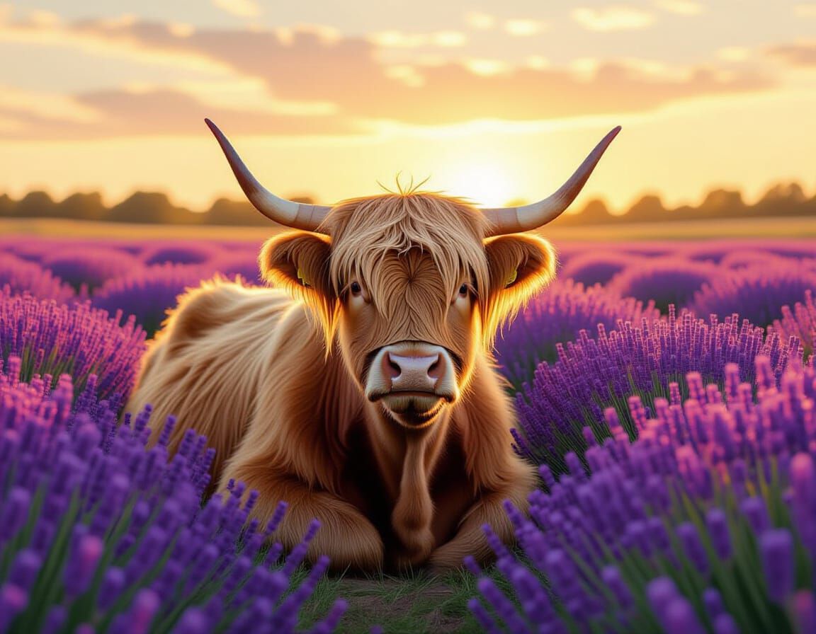 Highland Cow Resting in Lavender Field at Golden Hour