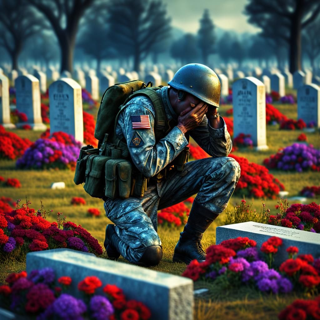 Soldier's Grief: A Hyperrealistic Graveyard Scene