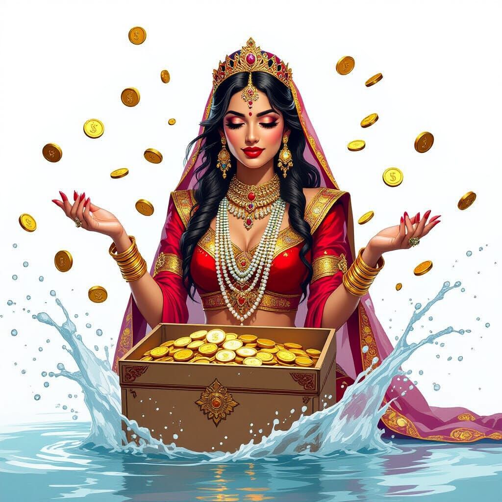 Ornate Shahi Queen Splashing Coins: Digital Art
