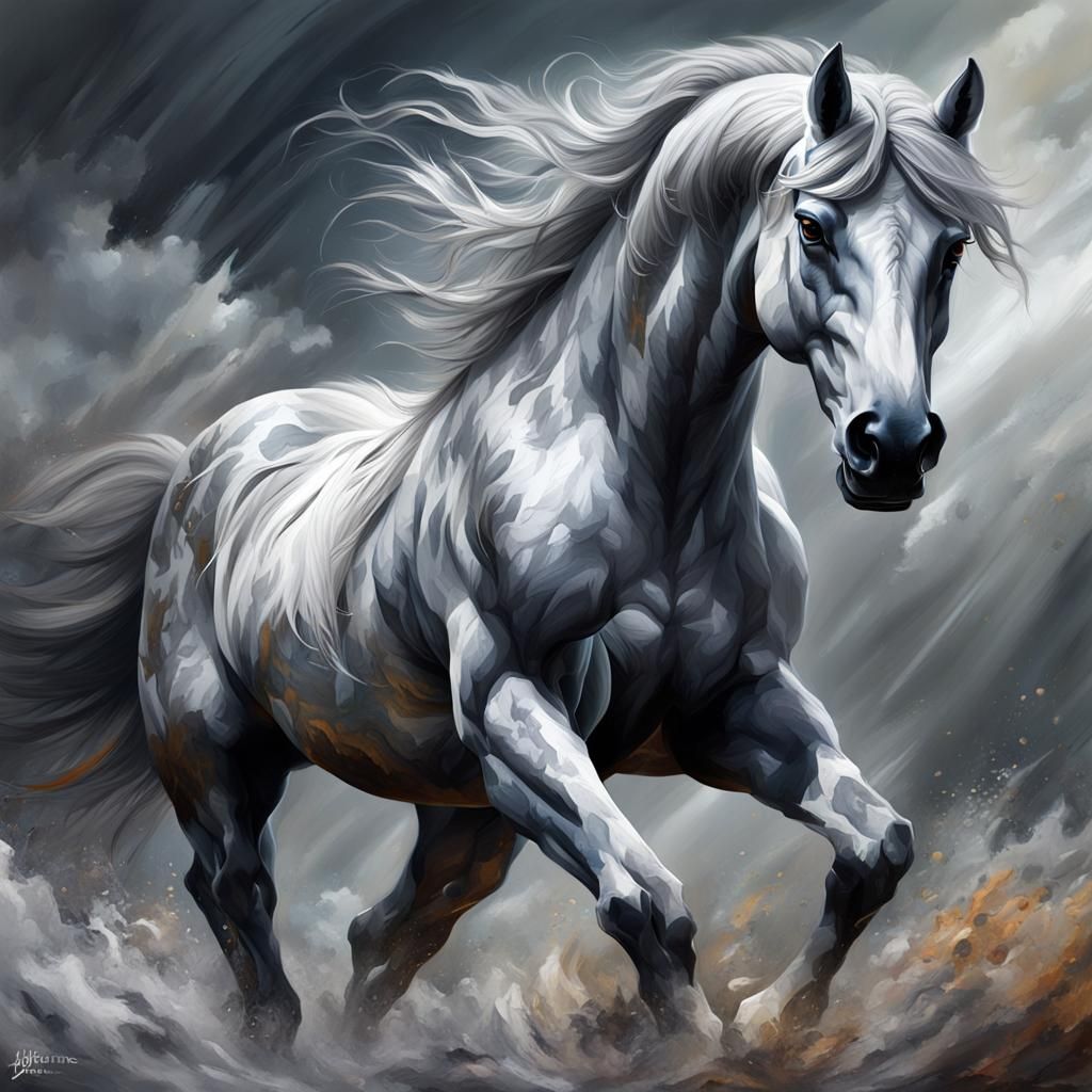 Marbled-Gray Stallion: Courageous Steed in Oil Painting