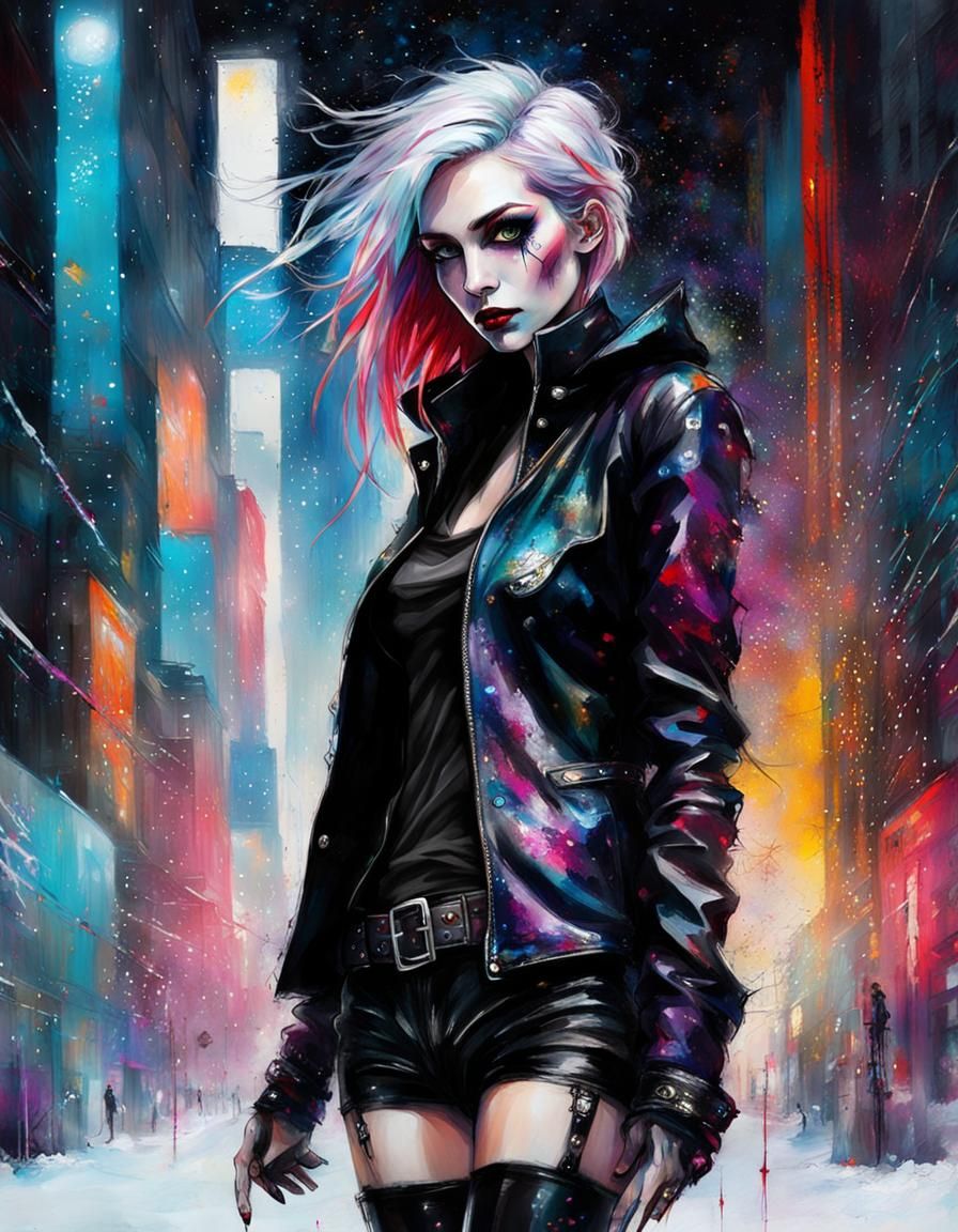 Gothic Woman Portrait in Christmas Snow, Black Light Art