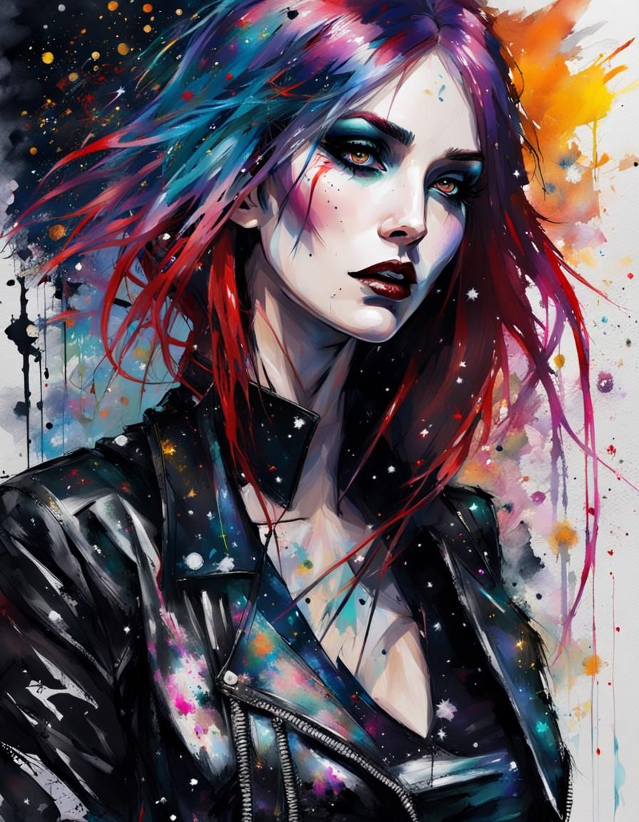 Gothic Woman with Multicolored Hair in Snowy Scene