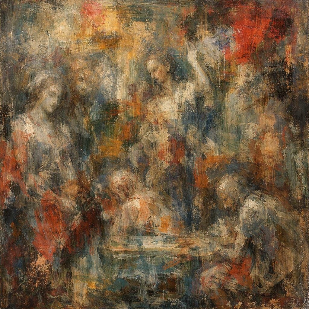 Ghostly Layered Oil Painting with Faint Impressions