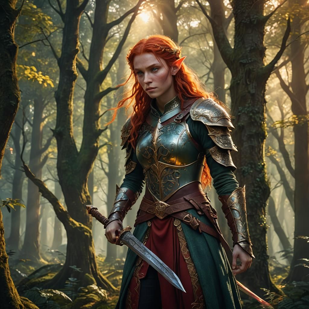 Red-Haired Elf Warrior in Mystical Forest