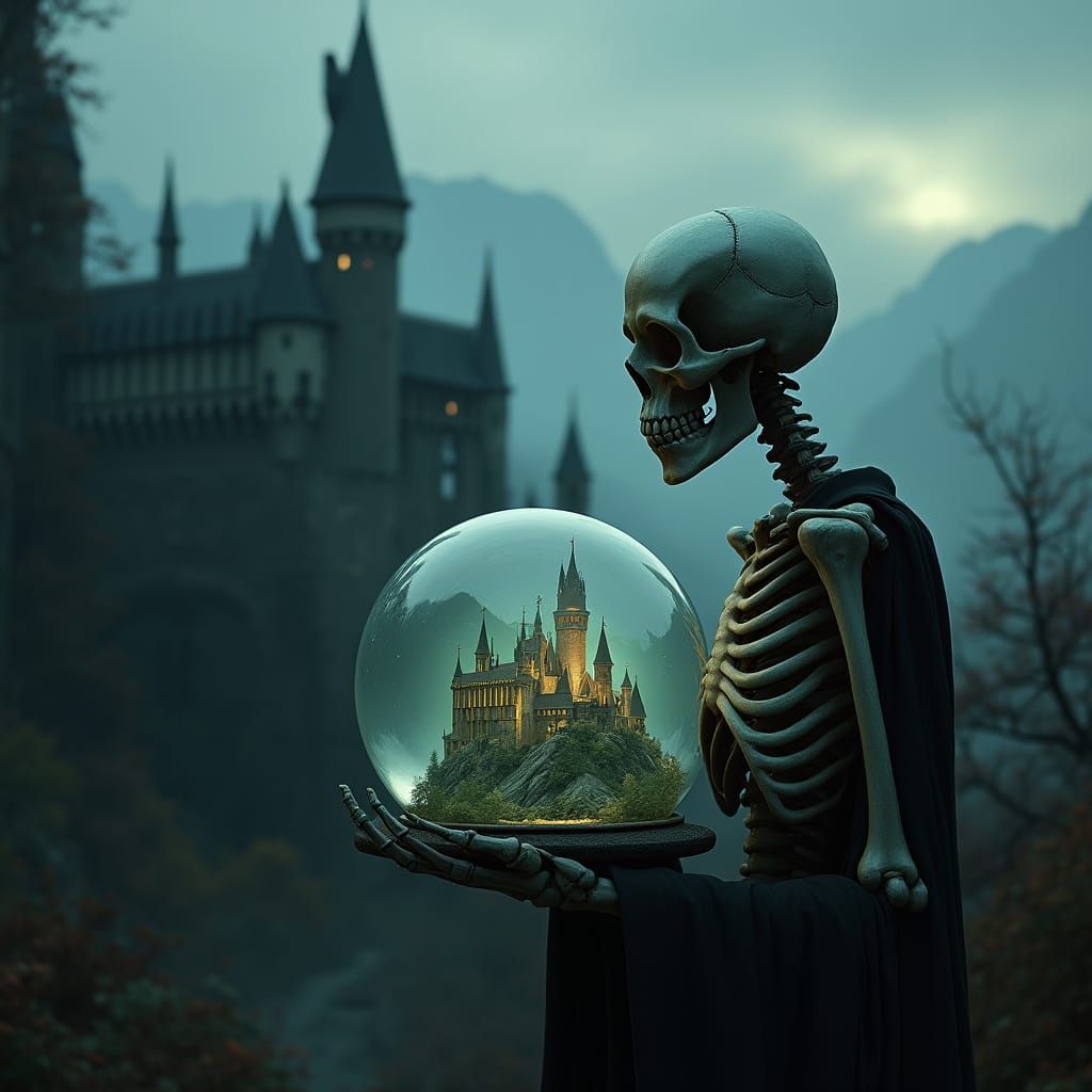 Skeleton Holds Hogwarts Orb Under Abandoned Observatory