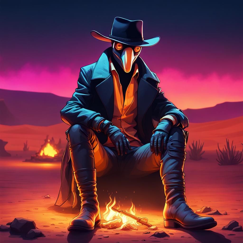 Cyberpunk Cowboy Penguin Campfire in Desert Night