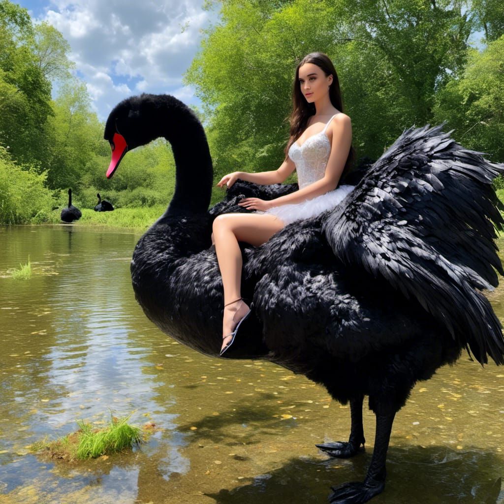 Riding a Giant Black Swan in Photorealistic Style