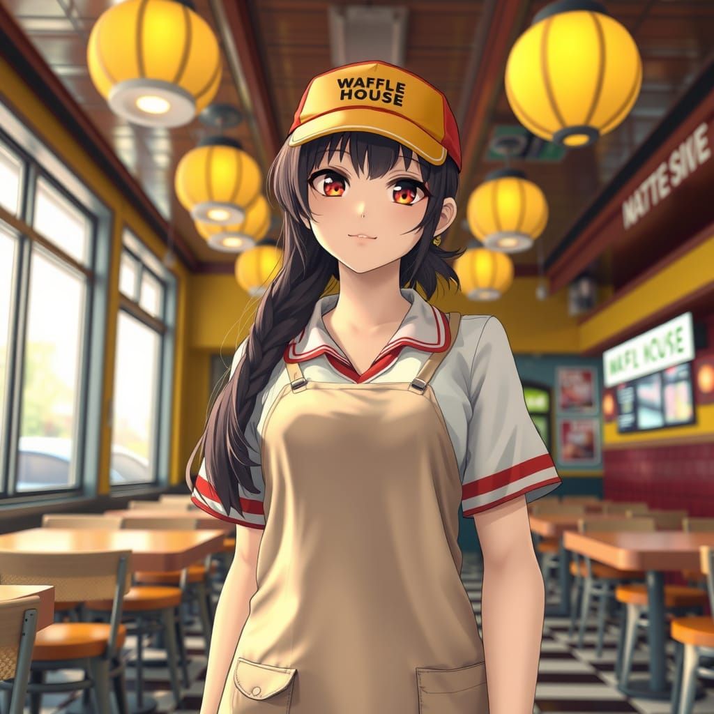 Anime Girl in Waffle House Uniform, 3D Rendered