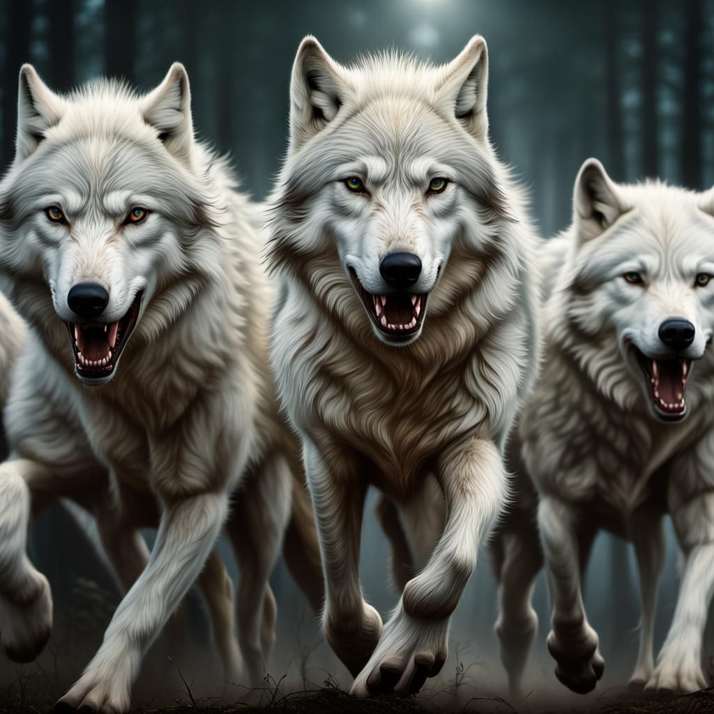 Majestic White Wolves Approaching, Cinematic Digital Paintin...