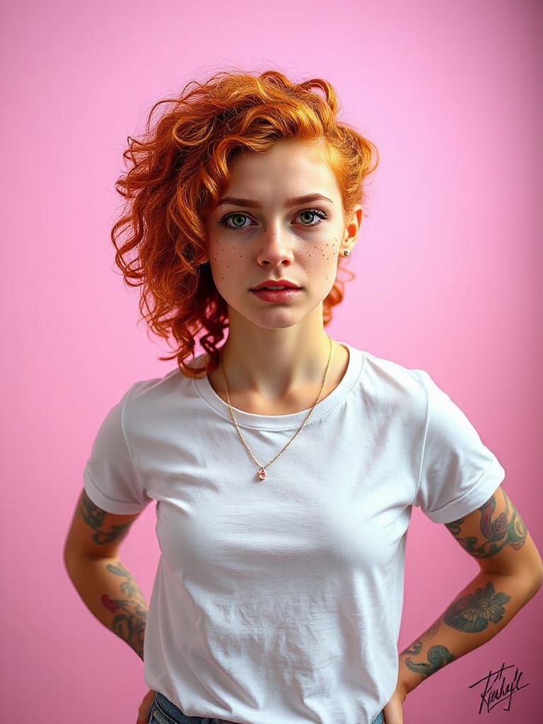 young woman with long, curly red hair, wearing a plain white t-shirt, standing against a pinkish-purple gradient backgro...