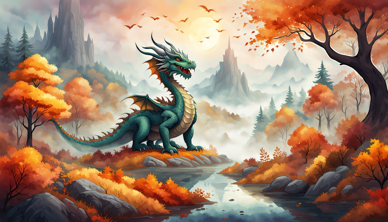 Whimsical Autumn Dragon in a Misty Sea Landscape