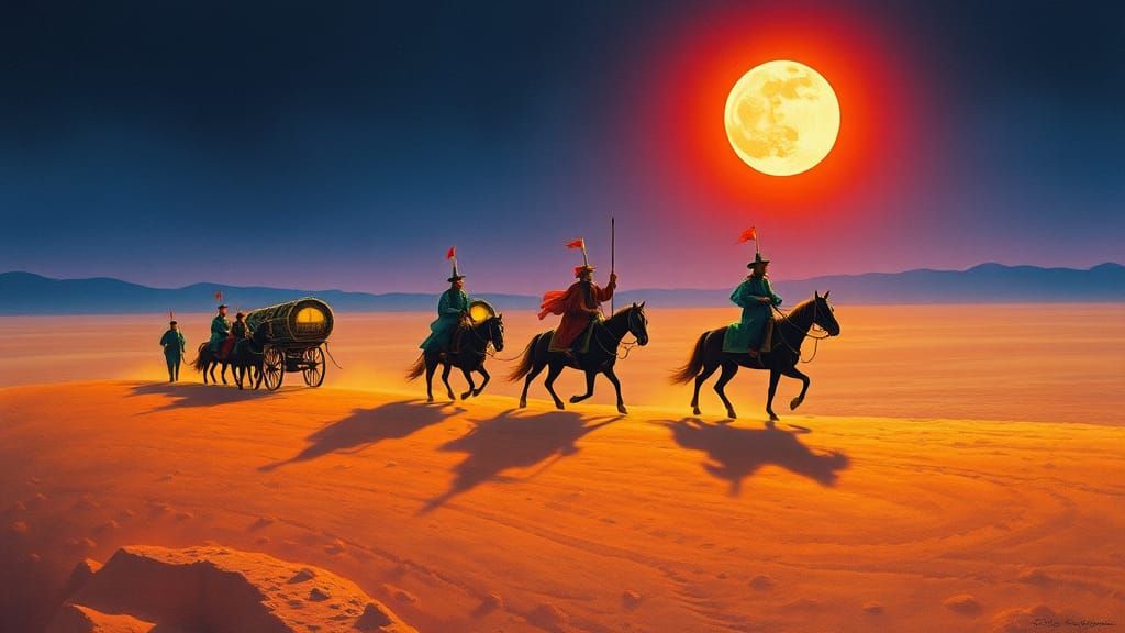 Moonlit Desert Trek in Automatism Style