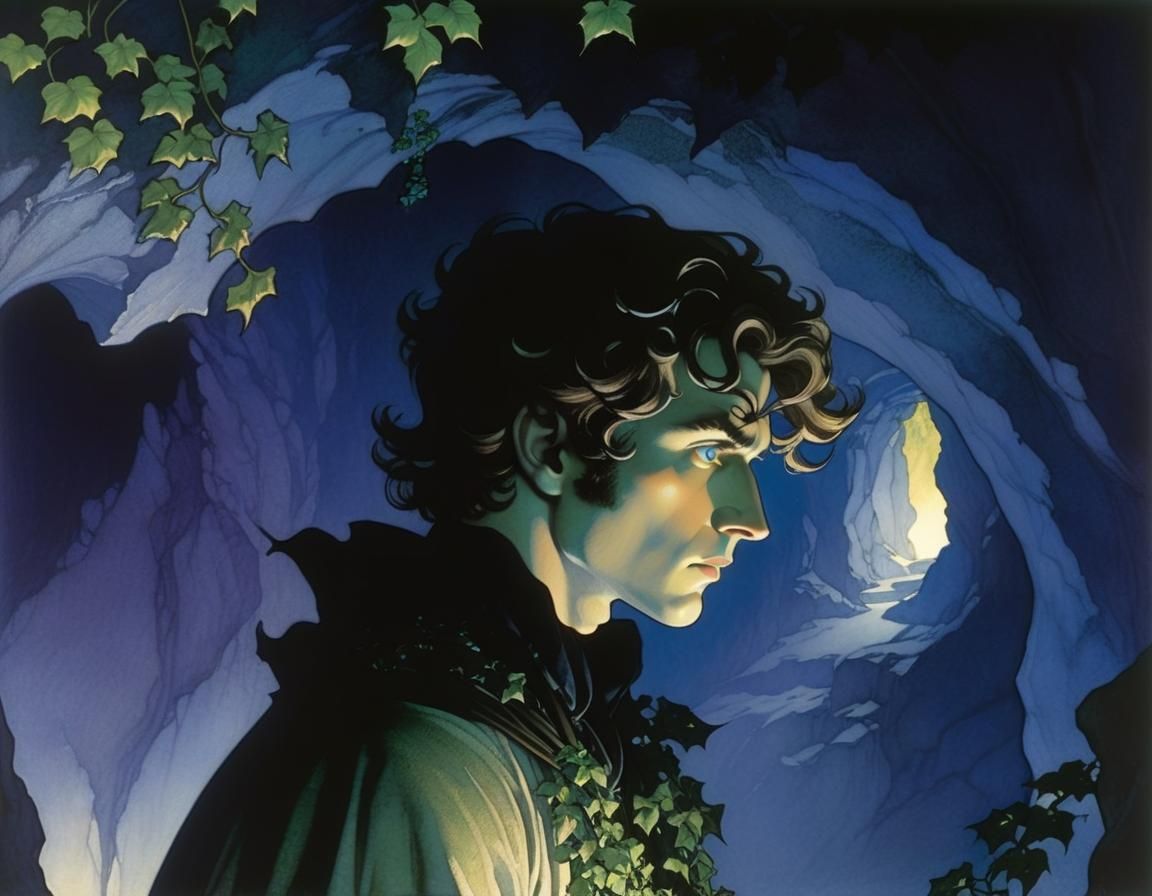 Mysterious Man with Opal Eyes in Cave Art