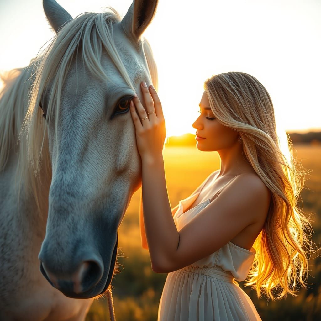 Woman and White Horse in Sunlit Meadow