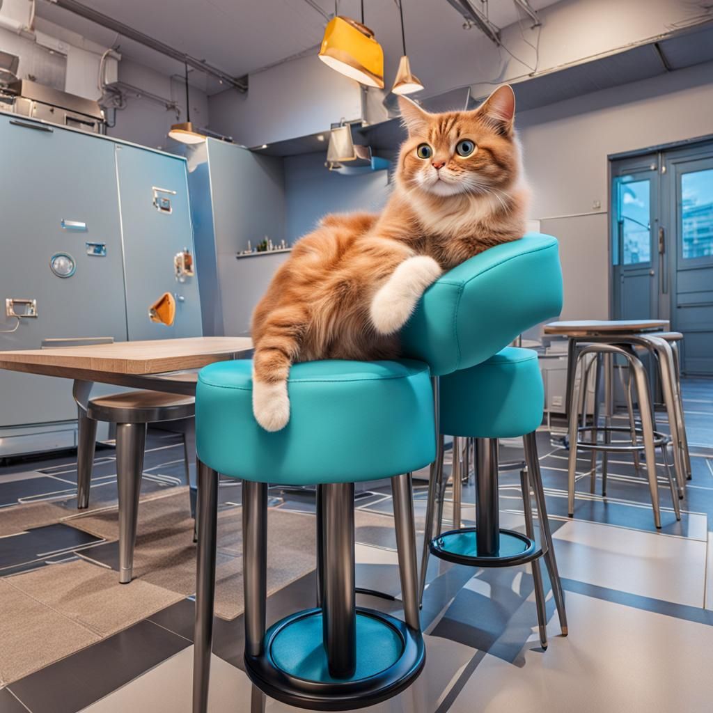 Cute Cat with Big Eyes Sitting on Stool