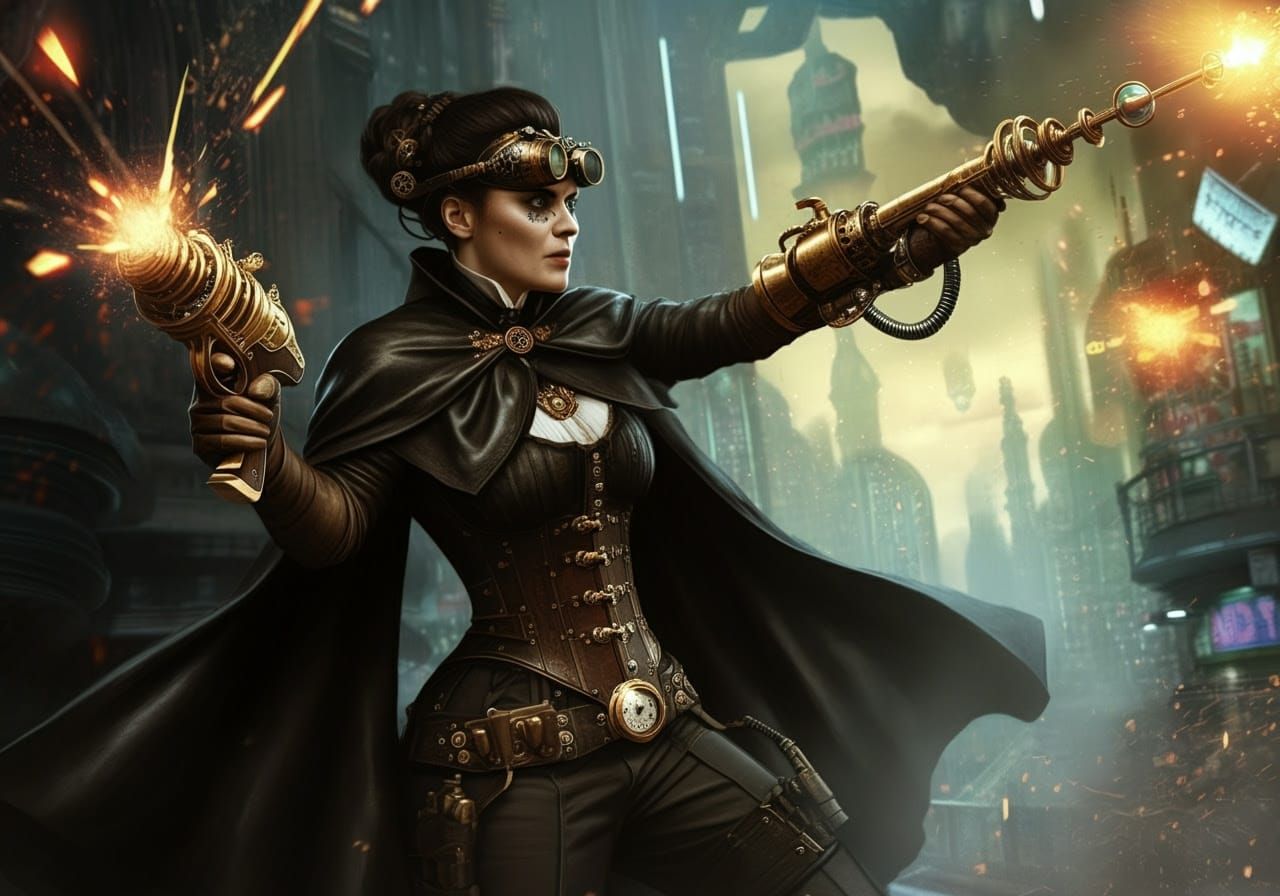 Steampunk Villainess Destroys Futuristic City