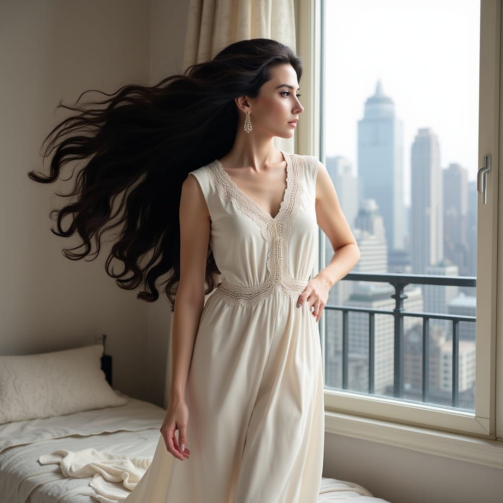 Ethereal Lady in Silky Pyjamas, Art Nouveau Style