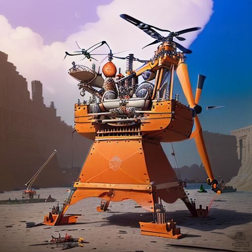 Complex Rube Goldberg Helicopter Construction in 3D