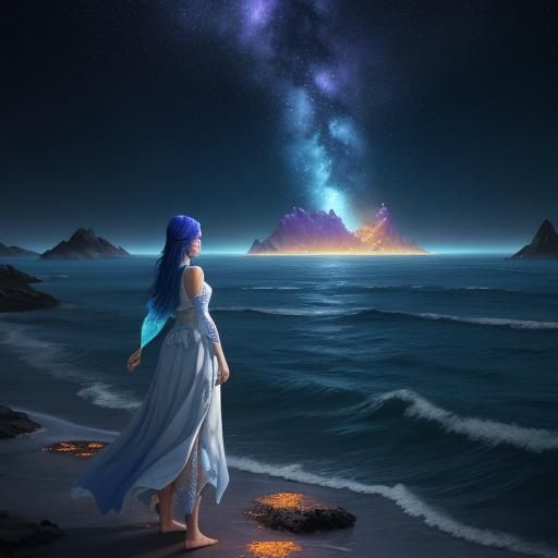 Dreamlike Girl Stares into Bioluminescent Ocean