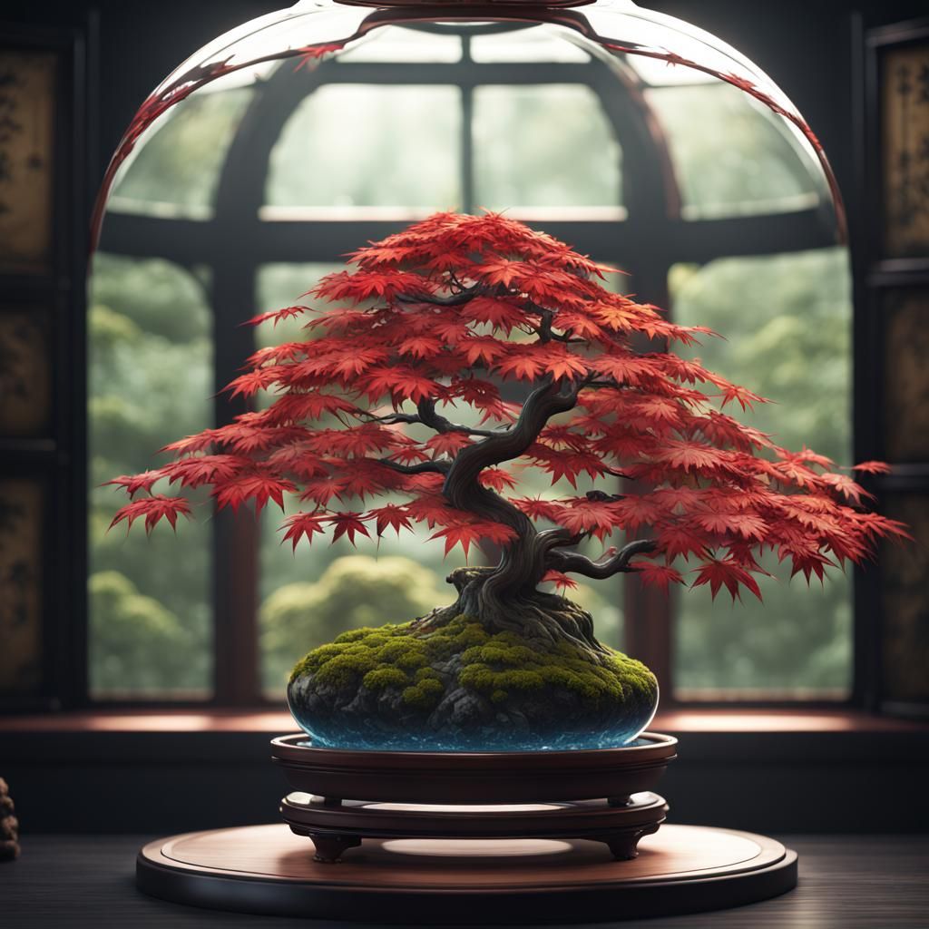 Japanese Maple Bonsai in Glass Dome, Digital Art