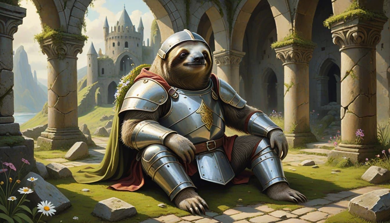 Knight Sloth Napping on Throne in Ruined Castle