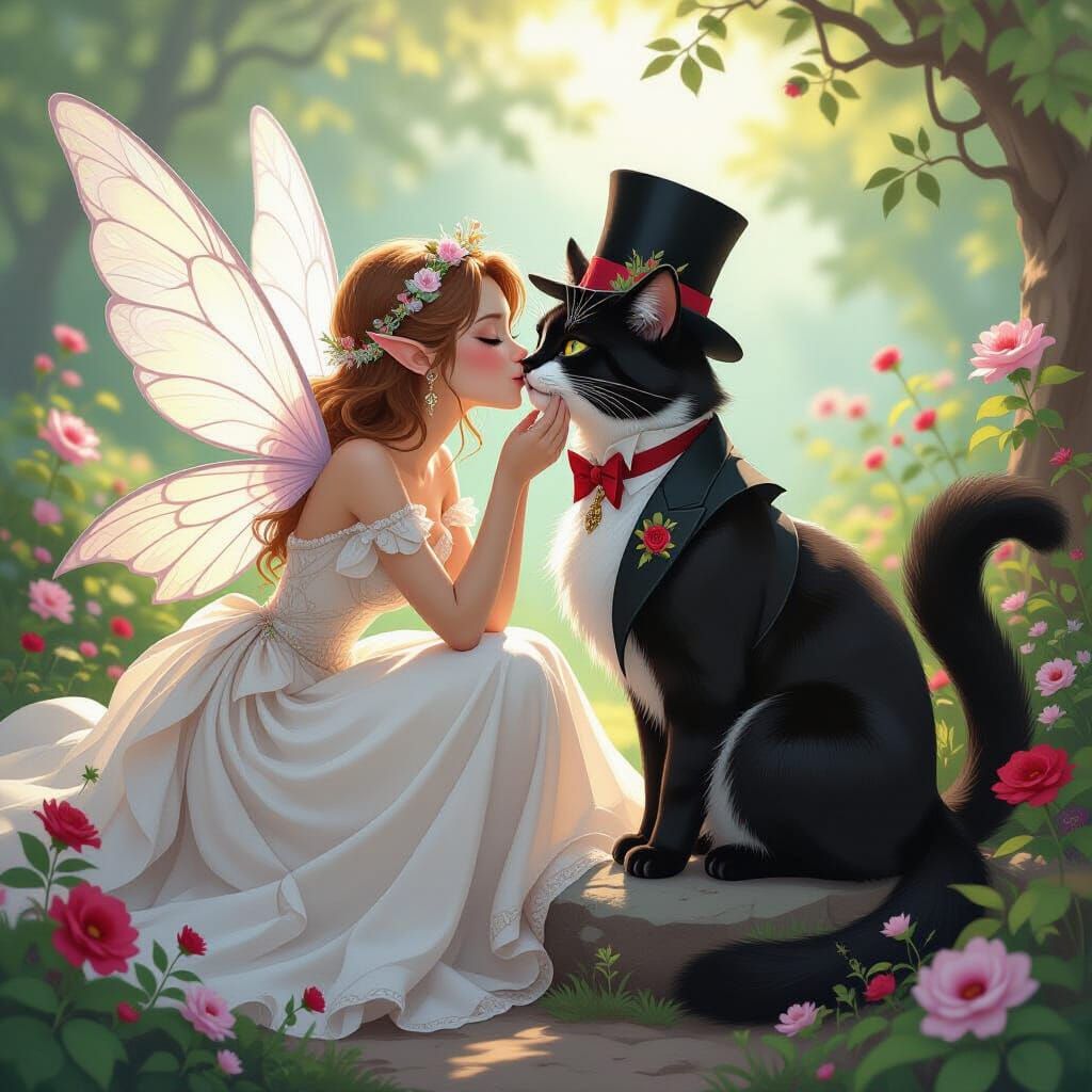 Fairy Kisses Cat in Whimsical Garden, Fantasy Art