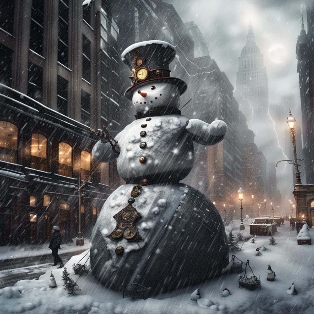 Steampunk Snowman in New York City Snowstorm
