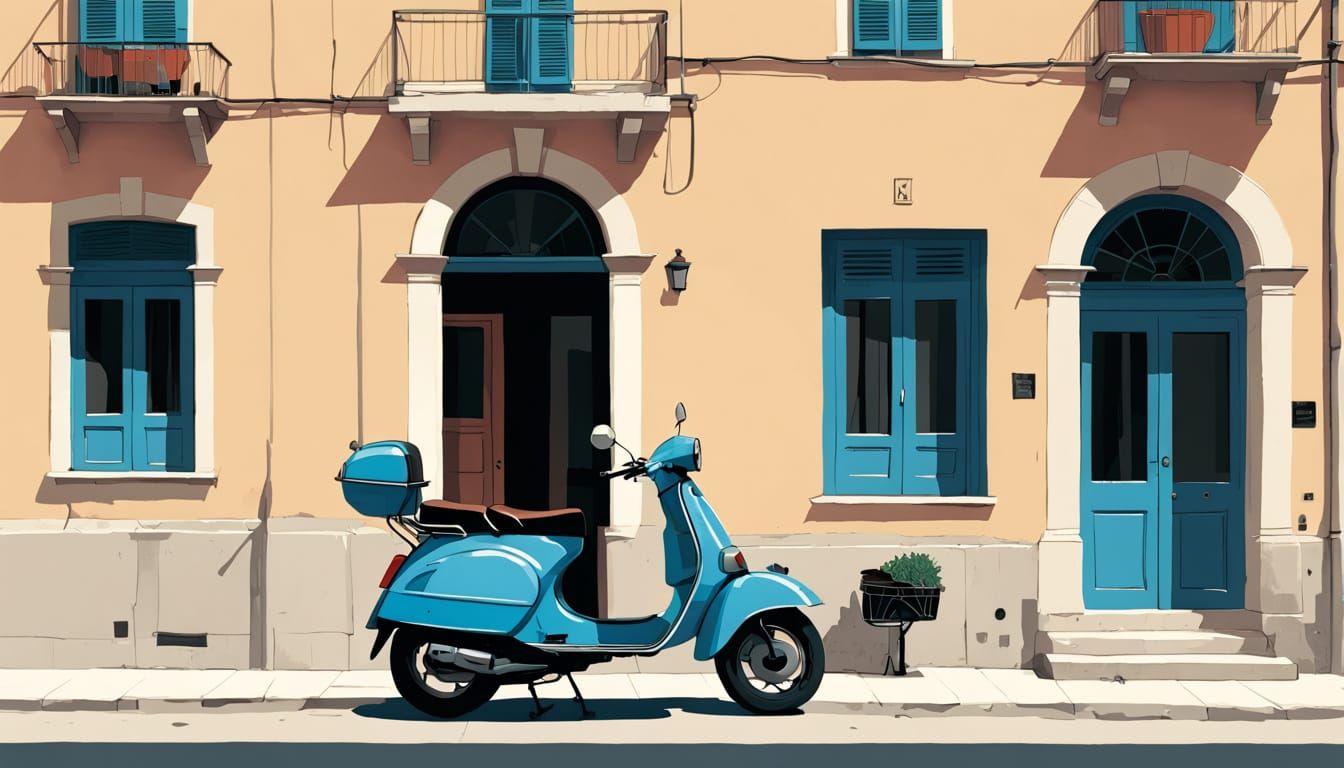Vintage Italian Street Scene in a Minimalistic Graphic Novel...