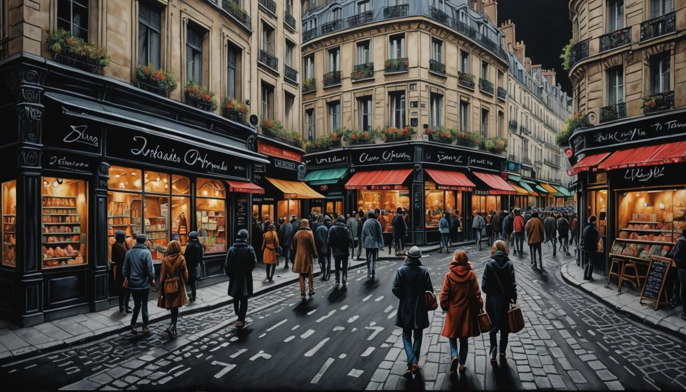 Colorful Chalk Drawing of Busy Parisian Street