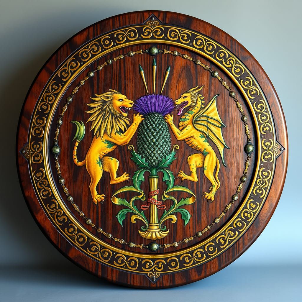 Regal Lion and Dragon Heraldic Art on Ornate Shield