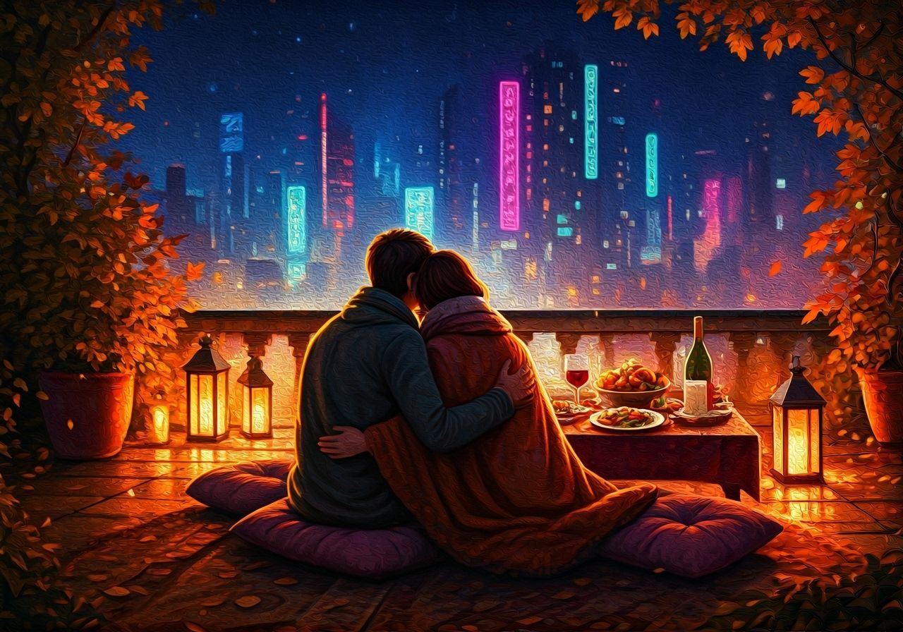 Lovers Embrace on Rooftop Garden in Cyberpunk City