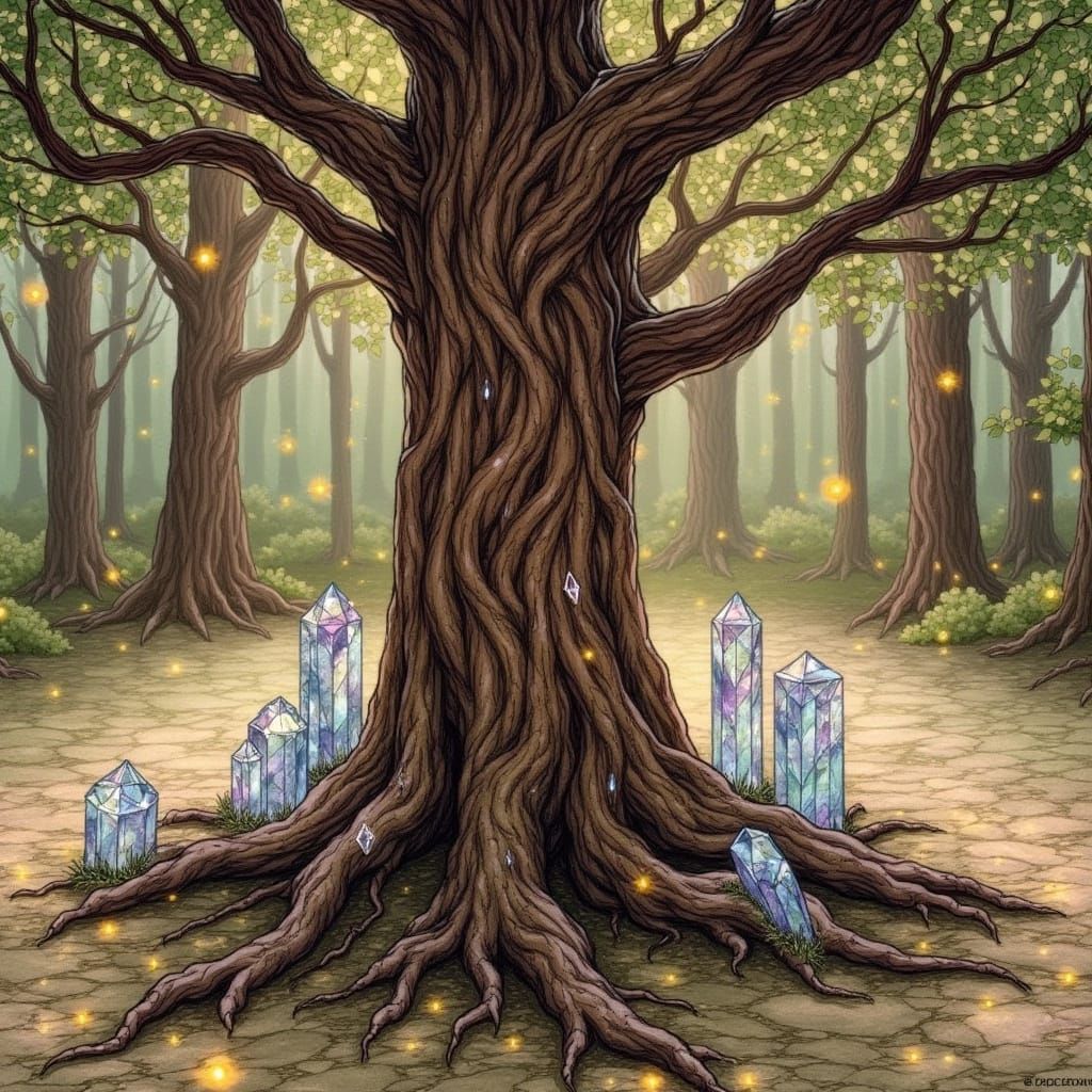 Majestic Ancient Tree With Crystal Roots in Mystical Forest