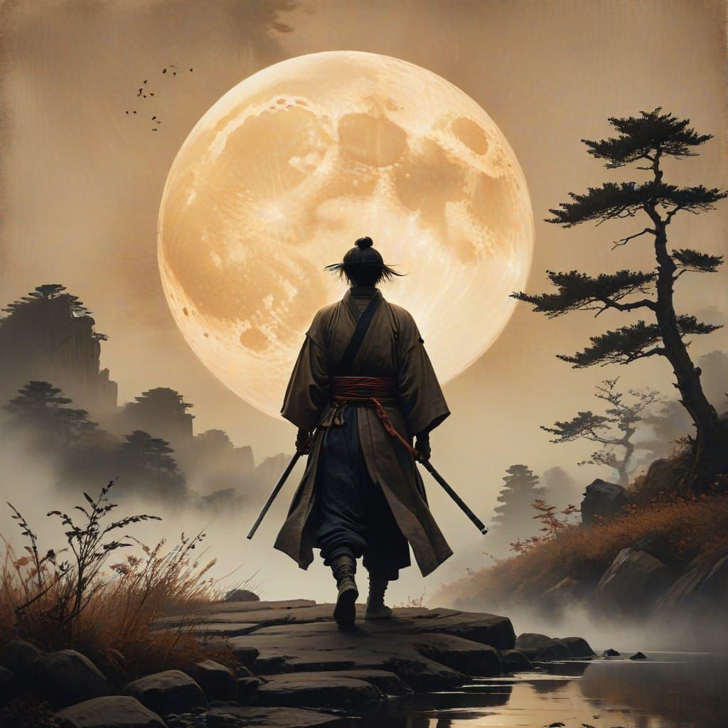 Samurai in the Golden Glow of a Bloodmoon