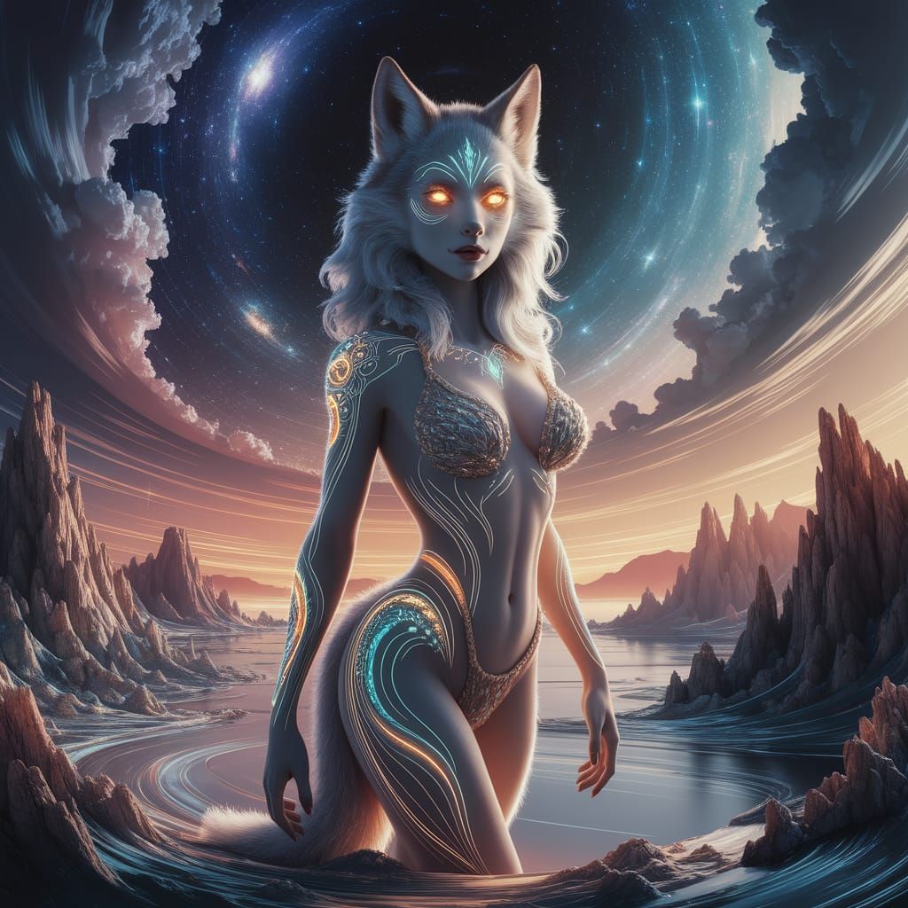 Wolfen Woman Amidst Starry Dreamscapes in 3D Render