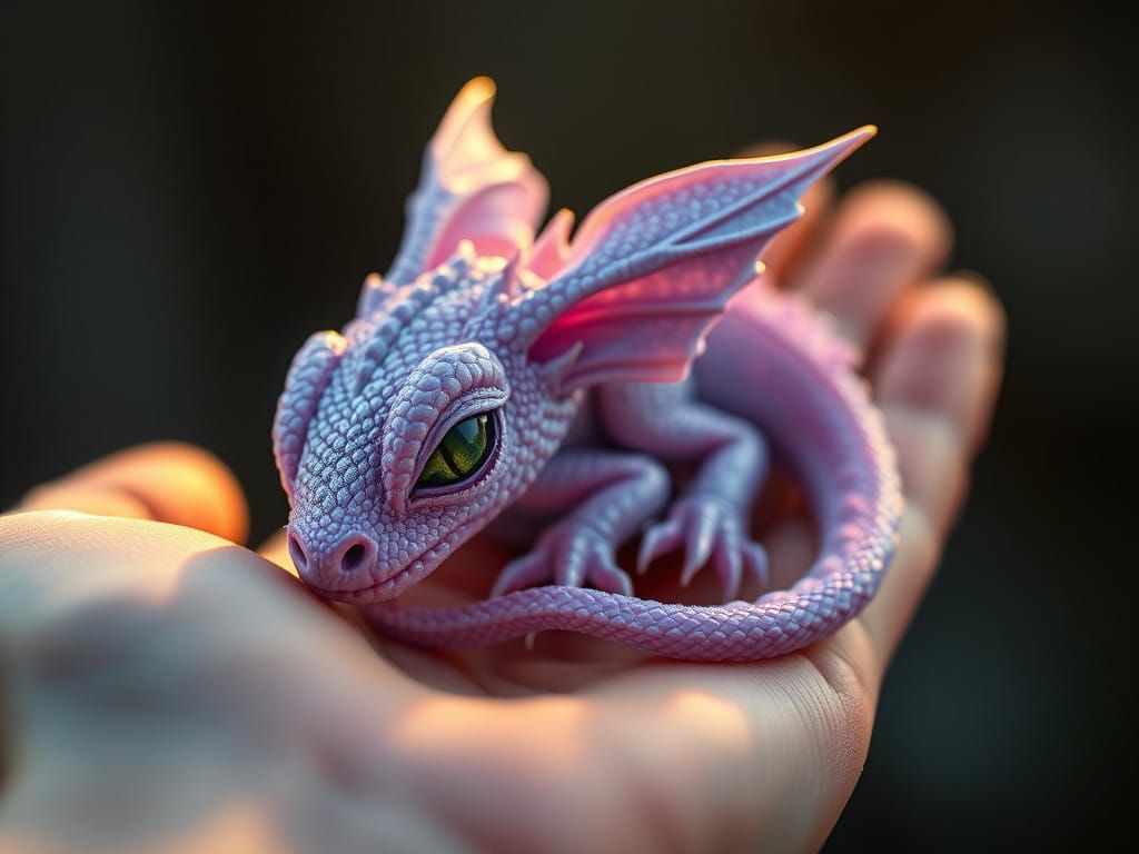 Tiny, Iridescent Baby Dragon in Gentle Hand